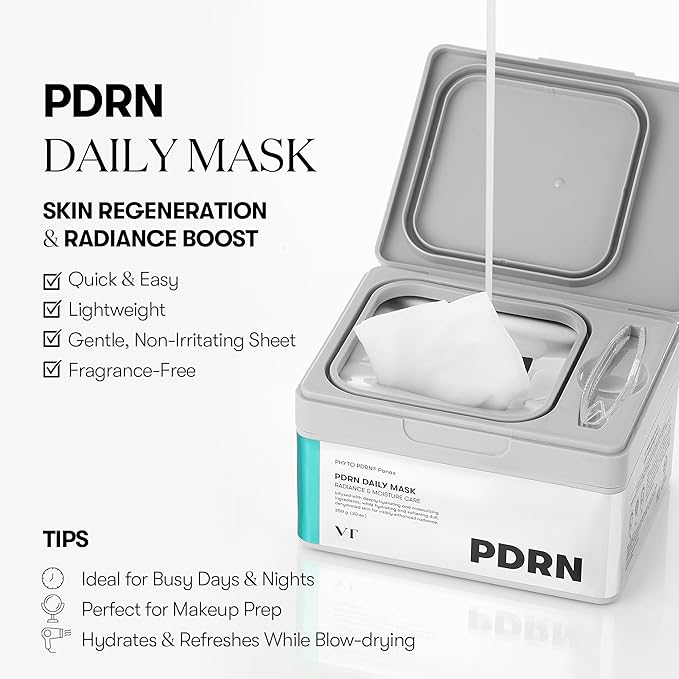 VT COSMETICS PDRN Daily Mask 30 Sheets, Vegan PDRN for Skin Restoration & Radiance, Hydrating & Moisturizing, Anti-Aging, Plumping Effect, Korean Face Mask (350g)