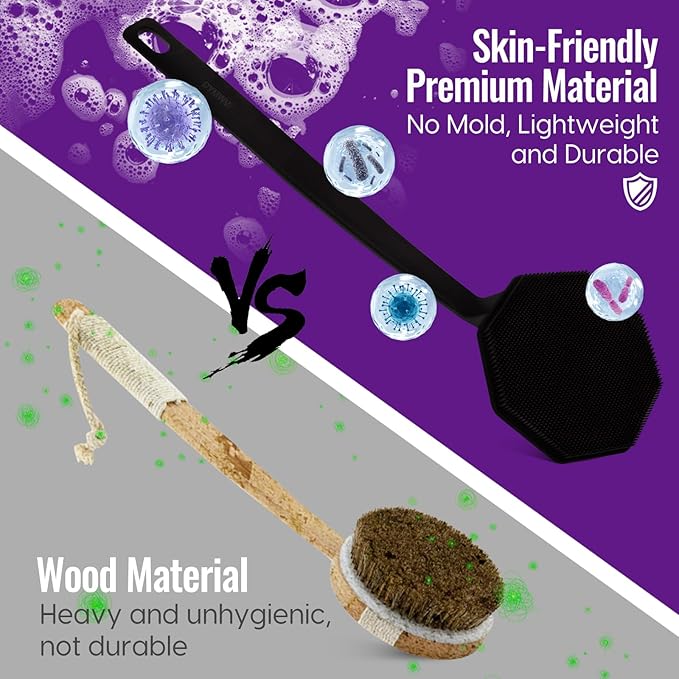 Silicone Back Scrubber for Shower,Back Washer for Shower Men, Lengthen Bath Body Brush with Long Handle, Brush for Shower Exfoliating and Massage Shower Brush - Black