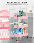 EAGMAK 3 Tier Utility Rolling Cart, Metal Storage Cart with Handle and Lockable Wheels, Multifunctional Storage Organizer Trolley with Mesh Baskets for Kitchen, Living Room, Office, Garage (Pink)