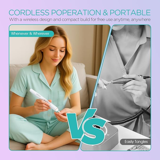 Electric Nail Drill, Cordless Nail File Machine Kit 2 Directions & Speeds for Acrylic, Gel Nails, Rechargeable with LED & 6 Nail Drill Bits for Professional Manicure and Pedicure,Gold ND310