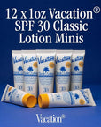Vacation Mini Classic Sunscreen SPF 30, Water-Resistant, Bulk Suntan Lotion, Bachelorette Party Favors, Beach Must Haves, Traveling Essentials, Travel Size, 1 Fl. Oz. (Value Pack of 12)