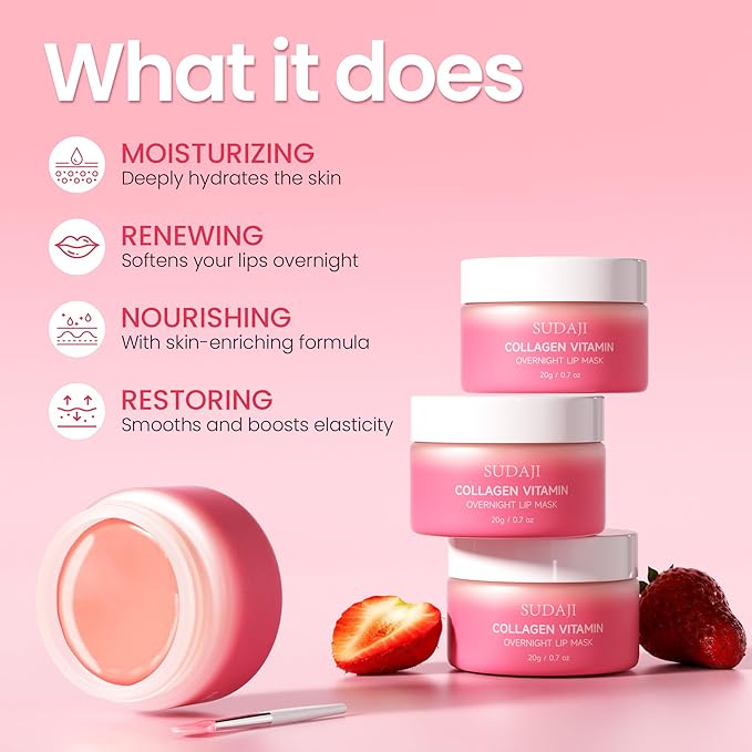 Collagen Lip Mask, Hydrating Lip Balm, Lip Moisture with Hyaluronic Acid & Vitamins E, A- Overnight Sleeping Nourishing Lip Butter Balm for Dry Lips 0.7 Oz
