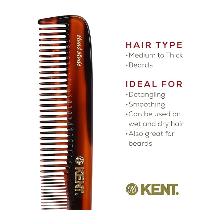 Kent 9T Tortoiseshell Fine Tooth and Wide Tooth Comb - Large Handmade and Saw-Cut Fine Hair Dressing Comb - Wet Hair Detangler Combs for Women and Durable Grooming Made in England