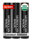 Moroccan Magic Organic Coconut Almond Lip Balm 3 Pack | Ultra-Hydrating Argan & Essential Oil Lip Moisturizer + Vitamin E | Natural Chapstick for Dry Lips | Smooth, Non-Toxic | Organic Lip Balm