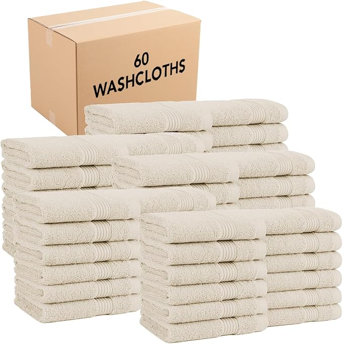 Arkwright Bath Washcloths 12 Pack - (Bulk Case of 60) Super Soft 100% Cotton, 600 GSM Quick Dry & Absorbent, Luxury Face & Body Wash Cloth Towels for Hotels, Spa, and Vacation Rental, Alabaster Ivory