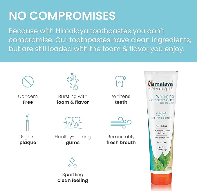 Himalaya Botanique Whitening Complete Care Toothpaste, Teeth Whitening, Fights Plaque, Fluoride Free, No Artificial Flavors, SLS Free, Cruelty Free, Foaming, Simply Mint Flavor, 5.29 Oz, 2 Pack