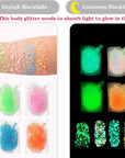 MEICOLY Glow in The Dark Body Face Glitter Gel,Luminous Halloween Sequins Chunky Glitter, Self-Adhesive Neon UV Blacklight Glitter for Body Face Hair Festival Sparkling Body Glitter for Women,Blue