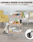EAGMAK 3 Tier Utility Rolling Cart, Metal Storage Cart with Handle and Lockable Wheels, Multifunctional Storage Organizer Trolley with Mesh Baskets for Kitchen, Living Room, Office, Garage (Beige)