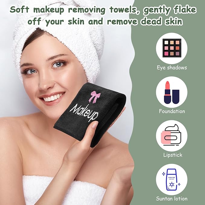 Shimeyao 20 Pack Makeup Towels Black Makeup Washcloths for Face Pink Bow Soft Microfiber Remover Cloth 13x13 Inch Quick Dry Face Towels for Cleansing Hand