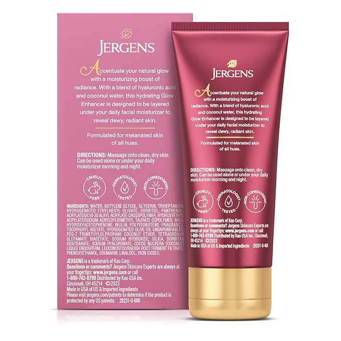 Jergens Melanin Glow Facial Glow Enhancer, Luminizer and Moisturizer with Hyaluronic Acid, Dermatologist-Tested, Non-Comedogenic, 2Oz