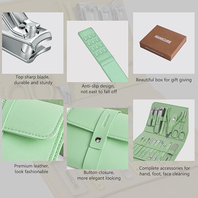 Manicure Set Professional Nail Clippers Pedicure Kit, 16 pcs Stainless Steel Nail Care Tools Grooming Kit with Luxurious Travel Leather Case for Thick Nails Men Women Gift (Green)
