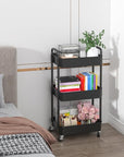 Sywhitta 3-Tier Plastic Rolling Utility Cart with Handle, Multi-Functional Storage Trolley for Office, Living Room, Kitchen, Movable Storage Organizer with Wheels, Black