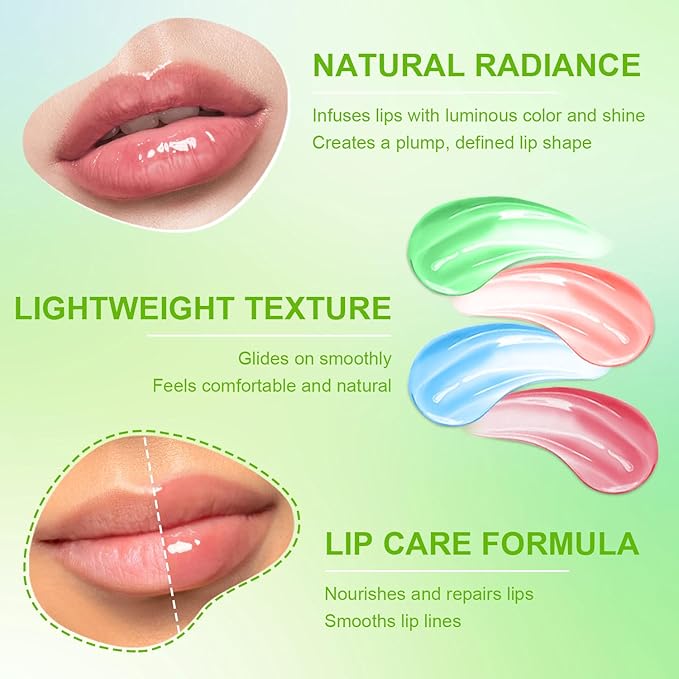 4 PCS Hydrating Lip Oil, Big Brush Head Lip Glaze Shiny Transparent Lip Glow Oil, Nourishing & Non-sticky Long Lasting Fresh Clear Smooth Lip Care Plumping Lip Oil (4PCS)