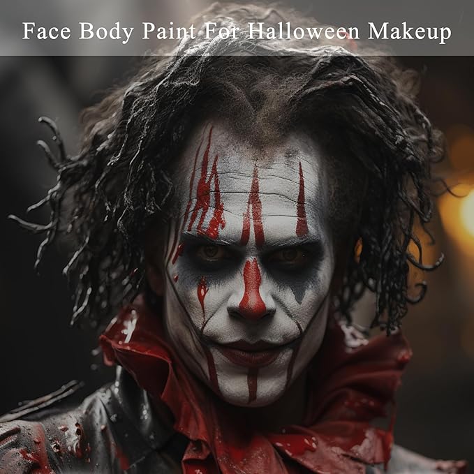 MEICOLY Black White Red Face Body Paint with Setting Powder and Sponges,Clown White Devil Joker Face Paint Makeup,Waterbased Body Paint,Halloween Face Painting for Vampire Skeleton Spiderman