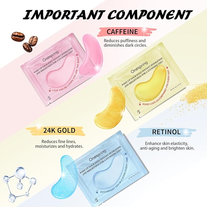 Eye Masks (8 Pairs) - 24K Gold, Caffeine and Retinol Under Eye Patches, Gel Pads for Wrinkles, Puffiness & Dark Circles, Bachelorette Party Favors, Self Care, Birthday Gifts for Women