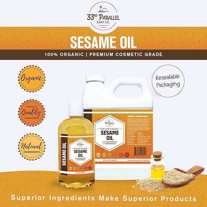 ORGANIC SESAME OIL (32 oz) Premium Cold Pressed Unrefined | 100% Pure Sesame Oil for Skin, Face, Hair, Soap Making | Carrier for Essential Oils | Available in Bulk | 32 FL OZ