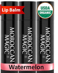 Moroccan Magic Organic Watermelon Lip Balm 3 Pack | Ultra-Hydrating Argan & Essential Oil Lip Moisturizer + Vitamin E | Natural Chapstick for Dry Lips | Smooth, Non-Toxic | Organic Lip Balm