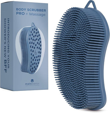MainBasics Silicone Body Scrubber – Dual-Sided Shower Scrubber with Massage Nodes, Silicone Loofah Alternative for Deep Clean (Dark Blue, Massage)