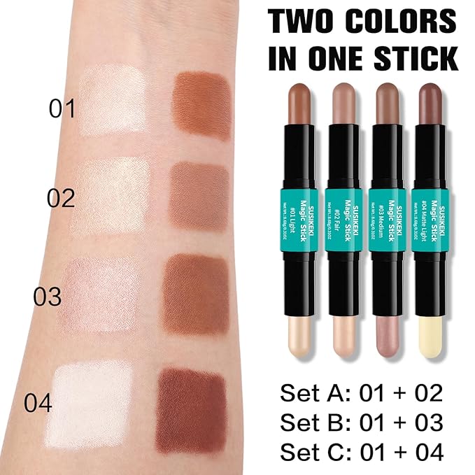 Contour Stick, 2Pcs Dual-Ended Highlighter Makeup Pen & + 03#)