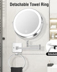 10x Large Wall Mounted Makeup Mirrror, Height Adjustable Lighted Mirror, 8" Double Sided Mirror, 1X/10X Magnifying Bathroom Mirror, 360° Rotation Adjustable, Detachable Ring, 3 Color Lights