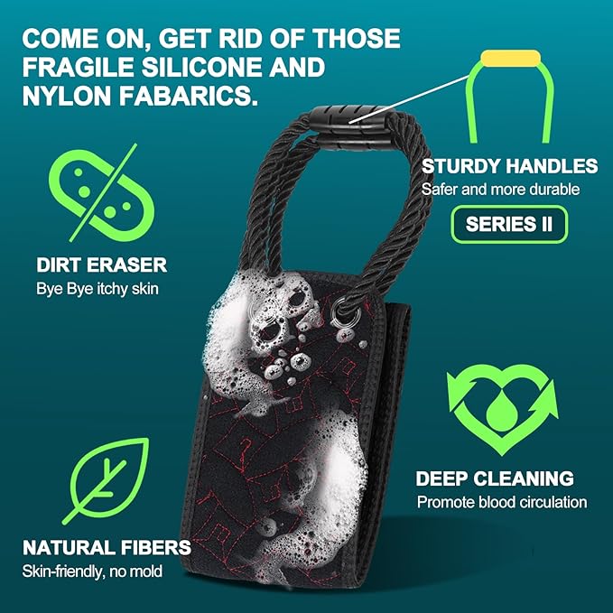 Exfoliating Back Scrubber for Use in Shower, 38.5 Inch Back Washer with Handles, Dual-Sided Body Exfoliator for Daily & Deep Skin Cleaning, Bath Back Scrub Washcloth for Men & Women (Black)