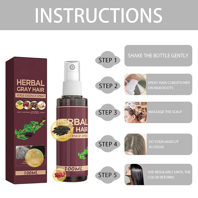 Herbal Gray Hair Spray, Gray Hair Verse Hair Darkening Conditioner Spray, Reverse Grey Hair Coloring Essence for 4 Weeks Gradual Results, 100ML