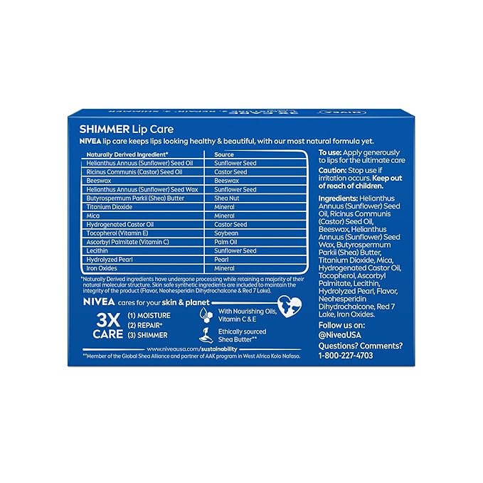 NIVEA Shimmer Lip Care, Shimmery Lip Balm Pack with Shea Butter, Nourishing Oils and Vitamin C & E, 3-in-1 Moisture, Repair and Shimmer, 0.17 Oz Stick, Pack of 4