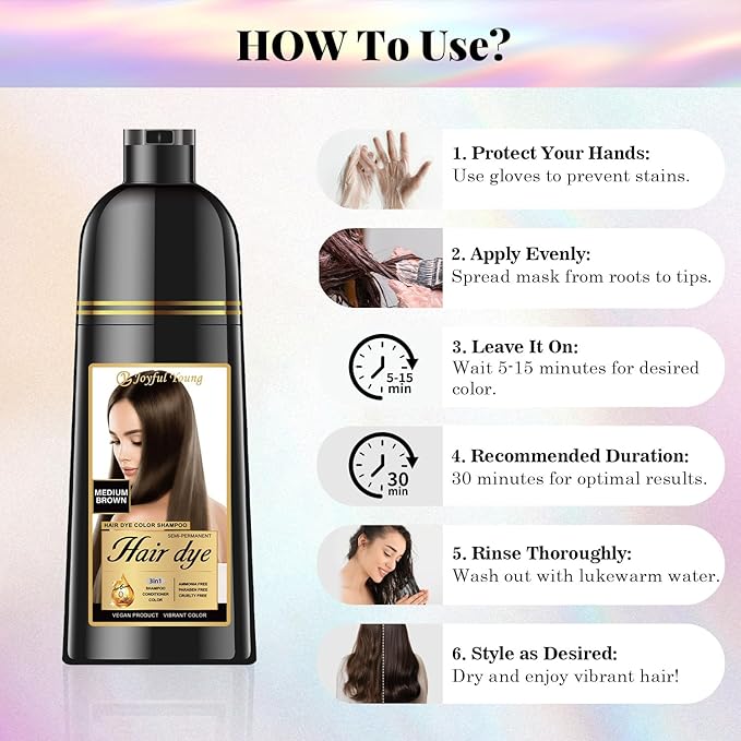 Natural Hair Dye Shampoo 3 IN 1, Hair Color for Gray Hair Coverage, Hair Coloring Shampoo for Women, Color Shampoo Beard Dye for Men, Vegan Ammonia Free (NATURAL MEDIUM BROWN)