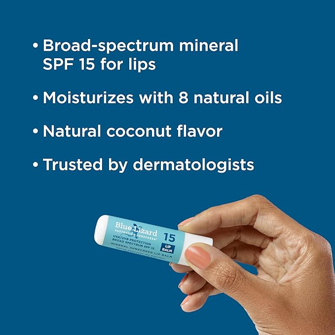 BLUE LIZARD Mineral SPF 15 Lip Balm, 3-Pack: Broad Spectrum Sun Protection, Natural Coconut Flavor, 8 Natural Oils, Infused with Australian Kakadu Plum, Rich in Vitamin C, Vegan, Each Tube 0.13 oz.