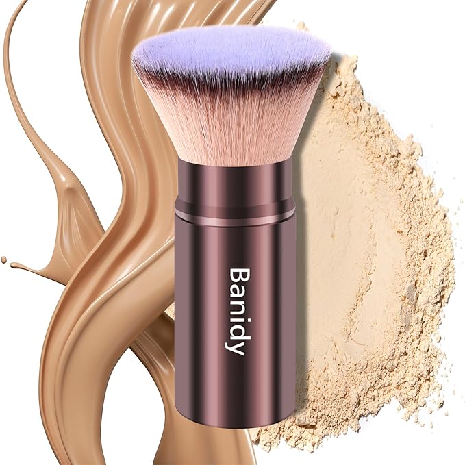Makeup Brush Kabuki Face Brushes Retractable Travel Blush Brush Portable Flawless for Foundation, Powder Blush, Bronzer, Buffing, Liquid, Cream, Cruelty Free with Cover(Flat-Head)