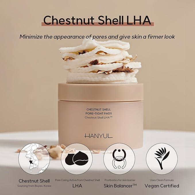 HANYUL Chestnut Shell Pore Tight Toner Pads | Daily Mask for Spot Care, Mild Exfoliating with AHA & BHA & LHA, Skin Smoothing and Refining, Vegan Certified, Korean Skincare, 50 Sheets (150ml)