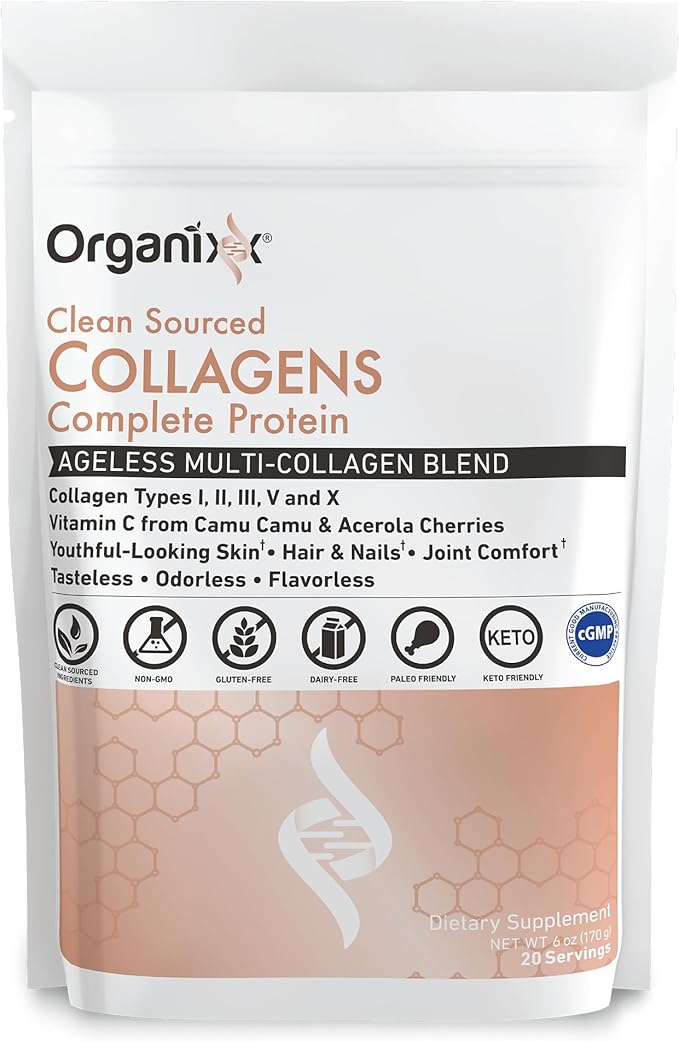 Organixx Collagen Peptides Powder with Vitamin C, Types I, II, III, V, X Hydrolyzed Collagen, Hair, Nail, Skin, Bone & Joint Health, Aging Support, Clean Sourced, Gluten Free, Unflavored, 20 Servings
