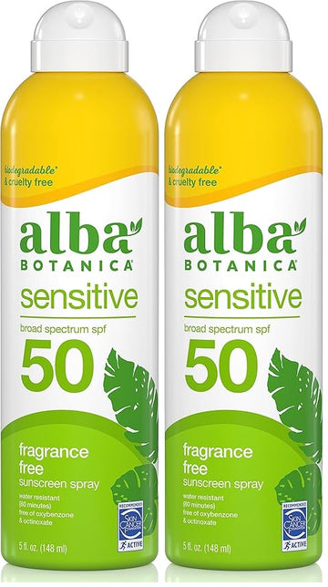 Alba Botanica Sensitive Sunscreen Spray for Face and Body, Fragrance-Free, Broad Spectrum SPF 50, Water Resistant, 5 fl. oz. Bottle (Pack of 2)
