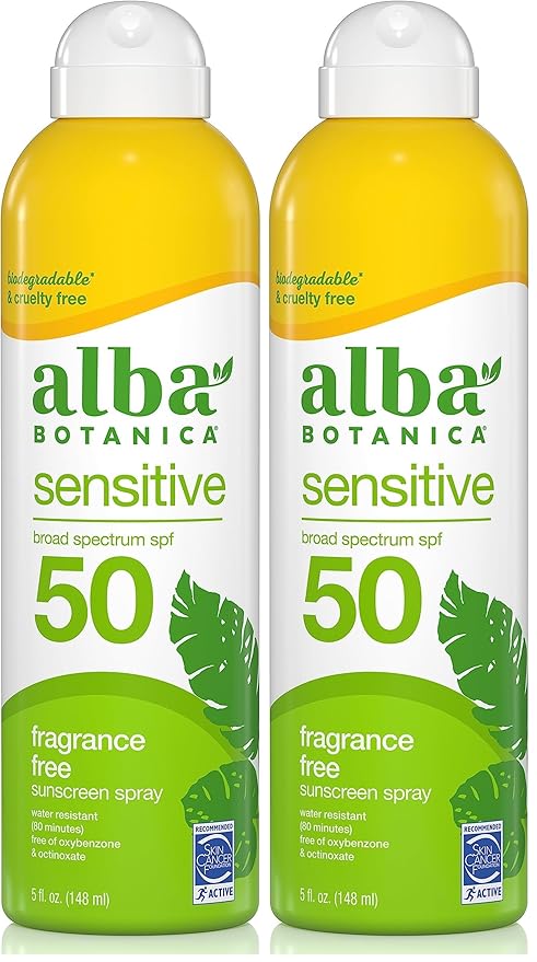Alba Botanica Sensitive Sunscreen Spray for Face and Body, Fragrance-Free, Broad Spectrum SPF 50, Water Resistant, 5 fl. oz. Bottle (Pack of 2)