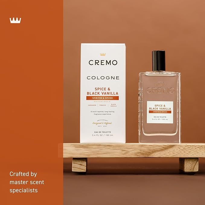 Cremo Cologne for Men - Spice & Black Vanilla Mens Cologne Spray - An Explosion of Vibrant Spices, Dark Woods and Black Vanilla, Fragrances For Men, 3.4 Fl Oz
