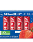 NIVEA Strawberry Lip Care, Tinted Lip Balm Pack with Shea Butter, Nourishing Oils and Vitamin C & E, 3-in-1 Moisture, Repair and Color, 0.17 Oz Stick, Pack of 4