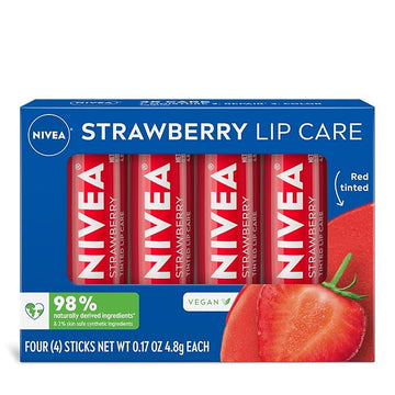NIVEA Strawberry Lip Care, Tinted Lip Balm Pack with Shea Butter, Nourishing Oils and Vitamin C & E, 3-in-1 Moisture, Repair and Color, 0.17 Oz Stick, Pack of 4