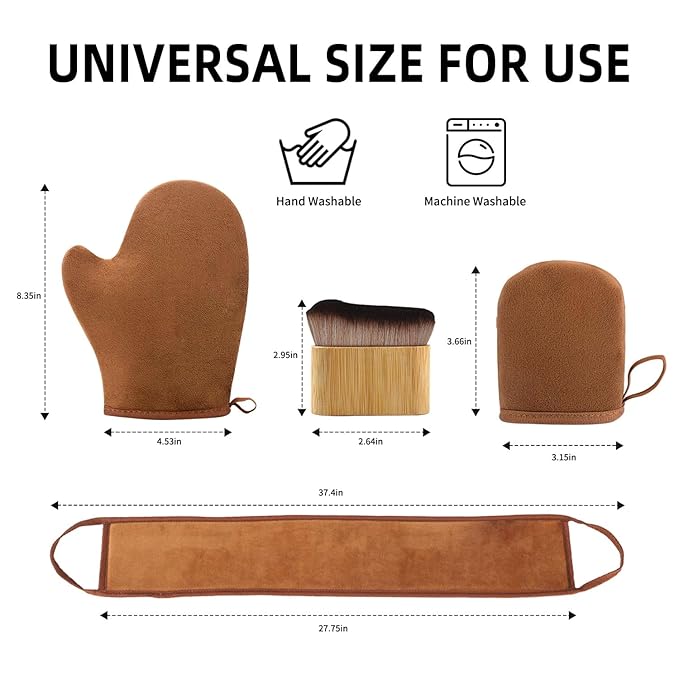 FUNAN Self Tanning Applicator Kit with Tanning Glove for Self Tan Mitt, Back Lotion Applicator, Mini Mitt and Ultra Soft Self Tanner Brush Bamboo Kabuki Brush, Brown