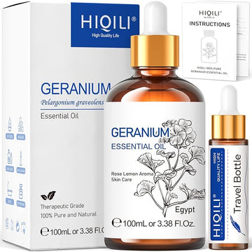 HIQILI 100ML Geranium Essential Oil for Skin, Diffuser & Candle, 100% Pure and Natural - 3.38 Fl Oz