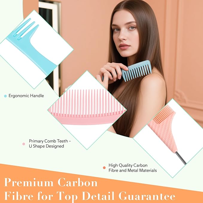 SALONSILK Dopamine Colorful 4PCS Professional Comb Set, Wide Tooth Rat Tail Fine Tooth Hair Combs, Braiding Cutting Barber Styling Curly Parting Set for Men and Women