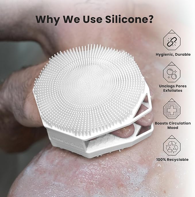 iTokGoK® Premium Silver-Infused Double-Sided Design 2-in-1 Silicone Body Scrubber for Men,Body Buffer Scrubber for Sensitive Skin, Ergonomic No-Slip Handle, Long-Lasting & Easy to Clean - White