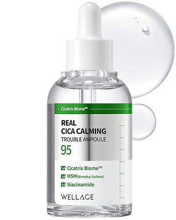 WELLAGE Real Cica Calming Trouble Ampoule - Korean Soothing Serum 95% Madecassoside, Rapid Soothing, Redness Relief, Sebum Control, Improves Freckles and Blemishes, for Acne-Prone Skin, 1.69 fl.oz