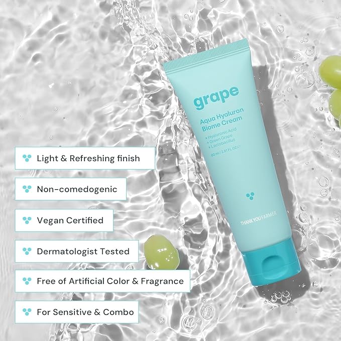 THANKYOU FARMER Grape Aqua Hyaluron Biome Cream, 10 Types Hyaluronic Acid, Non-Comedogenic, Dewy Soft Skin, Lactobacillus Ferment, Korean Moisturizer for Oily Skin 2.81 fl.oz 80ml