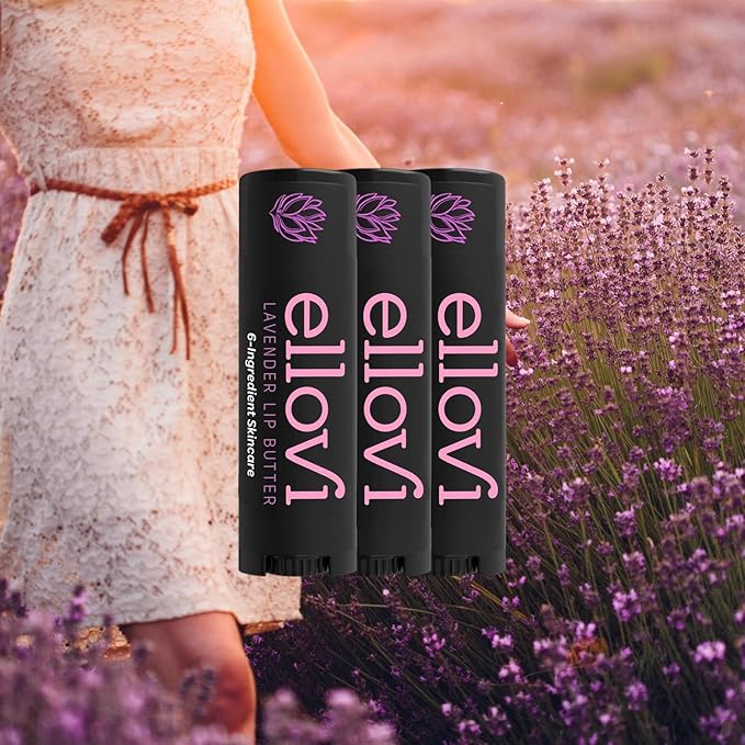 Ellovi Natural Lip Butter Lip Balm - Lavender - Pure Enough to Eat - Made With Just 6 Vegan Ingredients - 100% Natural & Organic Moisturizing Lip Care for All Day Hydration (3-Pack)