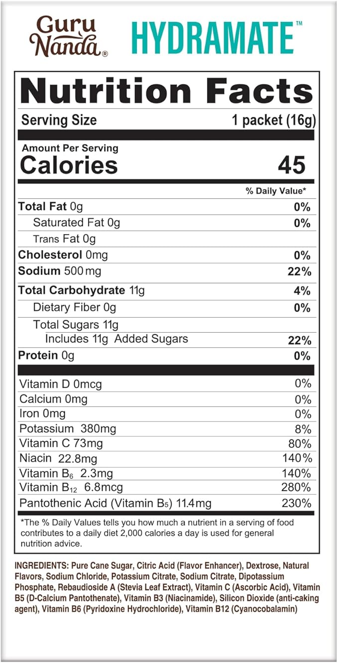 GuruNanda Hydramate Hydration Support Drink Mix - Electrolyte Powder Packets for Dehydration, Exercise & Energy - No Added Sweeteners, Non-GMO, Natural Lemon Lime Flavor - 24 Count (0.56 oz Each)