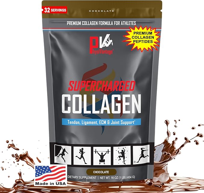 PhysiVantage Supercharged Collagen Peptides Powder - Hydrolyzed Collagen for Joint, Tendon, Ligament, & Skin Health Support - Chocolate, Keto, Paleo, 16oz | Enhanced with Vitamin C, BCAAs, Grass-Fed