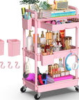 Goovilla 3 Tier Rolling Utility Cart Organizer with Removable Drawer, Stable and Sturdy Pink Rolling Storage Carts with 2 Lockable Wheels for Bathroom, Kitchen, Snack, Craft, Makeup, Baby Essentials