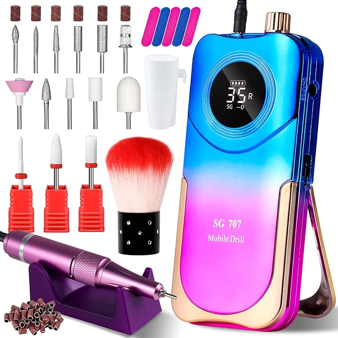 Portable Nail Drill Cordless,35000 RPM Electric Nail File with Holder,Rechargeable Nail Drill E Filer for Nails,Electric Nail Buffer Nail Dremel Tool for Women (Gradient Purple Blue)