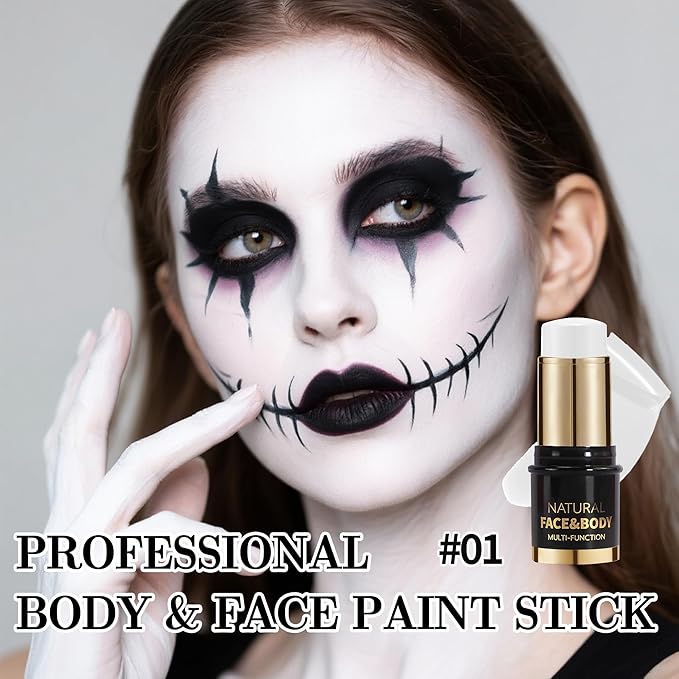 Matte White Face Body Paint Stick, Colored Professional Full-Coverage Oil-Based Cream Face Body Painting Stick, Eye Black Sticks for Halloween Cosplay Christmas Party, Foundation Makeup for Adults-01