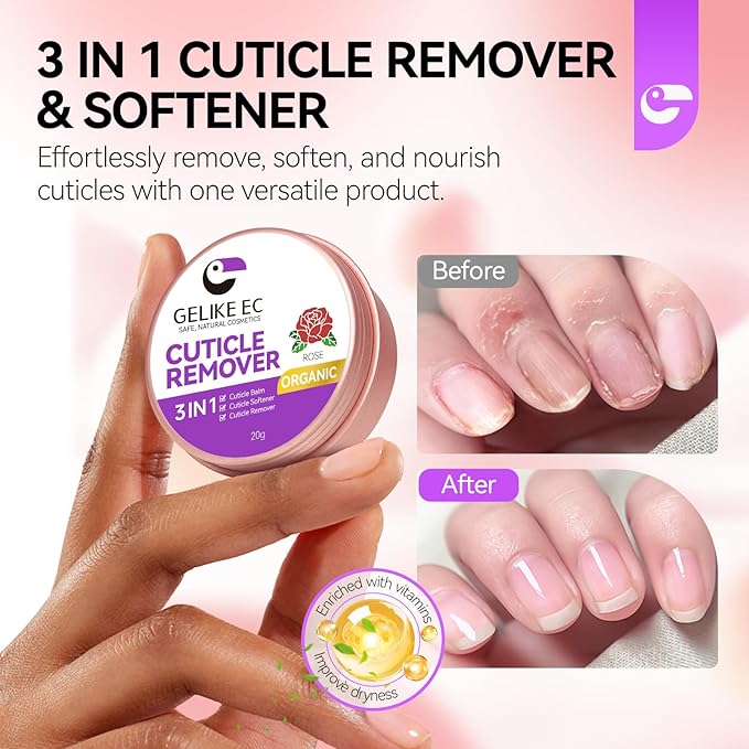 gelike ec Cuticle Cream for Dry Damaged Cuticles: Rose Organic Nail Cuticle Remover for Dry, Rough Hands Cracked Rigid Skin - Professional for Salon Home Use